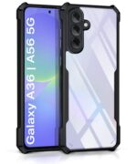 kelpuj Shock Proof Clear Protective Back Case for Samsung Galaxy A36 5G | Galaxy A56 5G - AirEDGE Technology | 360 Degree Camera Protection | Transparent Hybrid Back Case Mobile Cover - Black