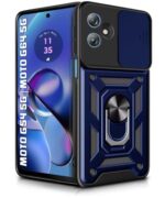 Tough Armor Bumper Mobile Back Case for Moto G54 5G | Moto G64 5G | Sliding Camera Shield Cover | Shock Proof 360? Protection | Hybrid PC + TPU | Ring Holder with Kickstand ? Blue