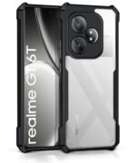 kelpuj Shock Proof Clear Protective Back Case for Realme GT 6T 5G | Realme GT 6 - AirEDGE Technology | 360 Degree Camera Protection | Transparent Hybrid Back Case Mobile Cover - Black