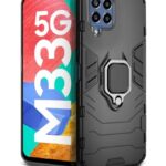 Shock Proof Back Case Mobile Cover for Samsung Galaxy M33 5G | Back Cover Case (Tough Armor | Hybrid PC + TPU | Ring Holder & in-Built Kickstand | Black)