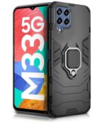 Shock Proof Back Case Mobile Cover for Samsung Galaxy M33 5G | Back Cover Case (Tough Armor | Hybrid PC + TPU | Ring Holder & in-Built Kickstand | Black)