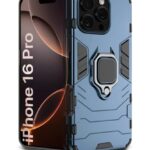 Shock Proof Back Case Mobile Cover for iPhone 16 Pro | Back Cover Case (Tough Armor | Hybrid PC + TPU | Ring Holder & in-Built Kickstand | Blue)