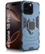 Shock Proof Back Case Mobile Cover for iPhone 16 Pro | Back Cover Case (Tough Armor | Hybrid PC + TPU | Ring Holder & in-Built Kickstand | Blue)