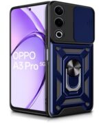 Tough Armor Bumper Mobile Back Case for Oppo A3 Pro 5G | Oppo K12x 5G | Sliding Camera Shield Cover | Shock Proof 360? Protection | Hybrid PC + TPU | Ring Holder with Kickstand ? Blue