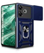 Tough Armor Bumper Mobile Back Case for Mi Redmi 13 5G | Poco M6 Plus 5G | Sliding Camera Shield Cover | Shock Proof 360? Protection | Hybrid PC + TPU | Ring Holder with Kickstand ? Blue