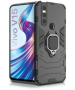Shock Proof Back Case Mobile Cover for Vivo V15 | Back Cover Case (Tough Armor | Hybrid PC + TPU | Ring Holder & in-Built Kickstand | Black)