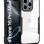 Shock Proof Clear Protective Back Case for iPhone 16 Pro Max AirEDGE Technology | 360 Degree Camera Protection | Transparent Hybrid Back Case Mobile Cover Black