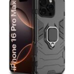 Shock Proof Back Case Mobile Cover for iPhone 16 Pro Max | Back Cover Case (Tough Armor | Hybrid PC + TPU | Ring Holder & in-Built Kickstand | Black)