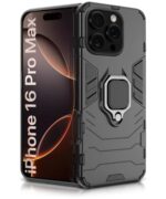 Shock Proof Back Case Mobile Cover for iPhone 16 Pro Max | Back Cover Case (Tough Armor | Hybrid PC + TPU | Ring Holder & in-Built Kickstand | Black)