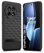 kelpuj Back Cover for 1+ OnePlus 13R 5G with Hexa Cube Design | Ultra Slim Soft Rubberised Case | Inner Velvet Fabric | Matte Silicone Flexible Mobile Case | Camera Protection - Black