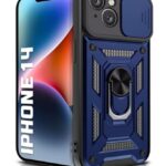 Tough Armor Bumper Mobile Back Case for iPhone 14 | Sliding Camera Shield Cover | Shock Proof 360? Protection | Hybrid PC + TPU | Ring Holder with Kickstand ? Blue