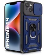 Tough Armor Bumper Mobile Back Case for iPhone 14 | Sliding Camera Shield Cover | Shock Proof 360? Protection | Hybrid PC + TPU | Ring Holder with Kickstand ? Blue