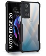 kelpuj Shock Proof Clear Protective Back Case for Motorola Moto Edge 20 - AirEDGE Technology | 360 Degree Camera Protection | Transparent Hybrid Back Case Mobile Cover - Black