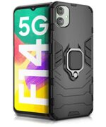 Shock Proof Back Case Mobile Cover for Samsung Galaxy F14 5G | Bumper Back Cover Case (Tough Armor | Hybrid PC + TPU | Full Protection with Ring Holder & in-Built Kickstand | Black)