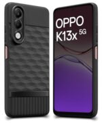 Back Cover for Oppo K13x 5G with Hexa Cube Design | Ultra Slim Soft Rubberised Case | Inner Velvet Fabric | Matte Silicone Flexible Mobile Case | Camera Protection - Black