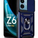 Tough Armor Bumper Mobile Back Case for iQOO Z6 Lite 5G | Sliding Camera Shield Cover | Shock Proof 360? Protection | Hybrid PC + TPU | Ring Holder with Kickstand ? Blue