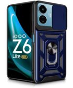 Tough Armor Bumper Mobile Back Case for iQOO Z6 Lite 5G | Sliding Camera Shield Cover | Shock Proof 360? Protection | Hybrid PC + TPU | Ring Holder with Kickstand ? Blue