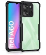 Shock Proof Clear Protective Back Case for Itel A60 - AirEDGE Technology | 360 Degree Camera Protection | Transparent Hybrid Back Case Mobile Cover - Black