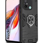 Shock Proof Back Case Mobile Cover for Xiaomi Redmi 12C | Poco C55 | Bumper Back Cover (Tough Armor | Hybrid PC + TPU | Full Protection with Ring Holder & in-Built Kickstand | Black)