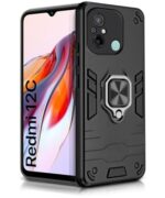 Shock Proof Back Case Mobile Cover for Xiaomi Redmi 12C | Poco C55 | Bumper Back Cover (Tough Armor | Hybrid PC + TPU | Full Protection with Ring Holder & in-Built Kickstand | Black)