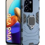 Shock Proof Back Case Mobile Cover for Vivo Y35 | Back Cover Case (Tough Armor | Hybrid PC + TPU | Ring Holder & in-Built Kickstand | Blue)