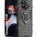 Shock Proof Back Case Mobile Cover for 1+ OnePlus 11R 5G | Back Cover Case (Tough Armor | Hybrid PC + TPU | Ring Holder & in-Built Kickstand | Black)