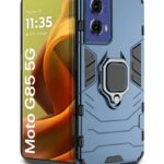 kelpuj Shock Proof Back Case Mobile Cover for Motorola Moto G85 5G | Back Cover Case (Tough Armor | Hybrid PC + TPU | Ring Holder & in-Built Kickstand | Blue)