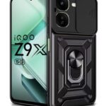 Tough Armor Bumper Mobile Back Case for iQOO Z9x 5G | Sliding Camera Shield Cover | Shock Proof 360? Protection | Hybrid PC + TPU | Ring Holder with Kickstand ? Black