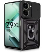 Tough Armor Bumper Mobile Back Case for iQOO Z9x 5G | Sliding Camera Shield Cover | Shock Proof 360? Protection | Hybrid PC + TPU | Ring Holder with Kickstand ? Black