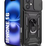 Tough Armor Bumper Mobile Back Case for iPhone 16 | Sliding Camera Shield Cover | Shock Proof 360? Protection | Hybrid PC + TPU | Ring Holder with Kickstand ? Black