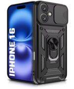 Tough Armor Bumper Mobile Back Case for iPhone 16 | Sliding Camera Shield Cover | Shock Proof 360? Protection | Hybrid PC + TPU | Ring Holder with Kickstand ? Black