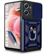 Tough Armor Bumper Mobile Back Case for Redmi Note 12 4G | Sliding Camera Shield Cover | Shock Proof 360? Protection | Hybrid PC + TPU | Ring Holder with Kickstand ? Blue