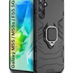 Shock Proof Back Case Mobile Cover for Samsung Galaxy M55 5G | M55s 5G | F55 5G (Tough Armor | Hybrid PC + TPU | Full Protection with Ring Holder & in-Built Kickstand | Black)