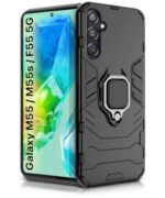 Shock Proof Back Case Mobile Cover for Samsung Galaxy M55 5G | M55s 5G | F55 5G (Tough Armor | Hybrid PC + TPU | Full Protection with Ring Holder & in-Built Kickstand | Black)