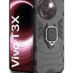 Shock Proof Back Case Mobile Cover for Vivo T3x 5G | Back Cover Case (Tough Armor | Hybrid PC + TPU | Ring Holder & in-Built Kickstand | Black)