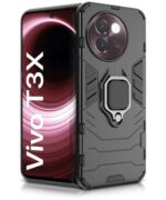 Shock Proof Back Case Mobile Cover for Vivo T3x 5G | Back Cover Case (Tough Armor | Hybrid PC + TPU | Ring Holder & in-Built Kickstand | Black)