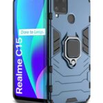 Shock Proof Back Case Mobile Cover for Realme C15 | Back Cover Case (Tough Armor | Hybrid PC + TPU | Ring Holder & in-Built Kickstand | Blue)