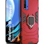 Shock Proof Back Case Mobile Cover for Xiaomi Mi Redmi 9 Power | Back Cover Case (Tough Armor | Hybrid PC + TPU | Ring Holder & in-Built Kickstand | Red)
