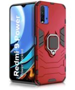 Shock Proof Back Case Mobile Cover for Xiaomi Mi Redmi 9 Power | Back Cover Case (Tough Armor | Hybrid PC + TPU | Ring Holder & in-Built Kickstand | Red)