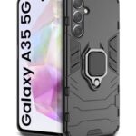 Shock Proof Back Case Mobile Cover for Samsung Galaxy A35 5G | Back Cover Case (Tough Armor | Hybrid PC + TPU | Ring Holder & in-Built Kickstand | Black)