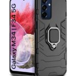 Shock Proof Back Case Mobile Cover for Samsung Galaxy M34 5G | F34 5G (Tough Armor | Hybrid PC + TPU | Full Protection with Ring Holder & in-Built Kickstand | Black)