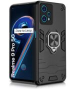 kelpuj Shock Proof Back Case Mobile Cover for Realme 9 Pro 5G | Bumper Back Cover Case (Tough Armor | Hybrid PC + TPU | Full Protection with Ring Holder & in-Built Kickstand | Black)