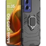 Shock Proof Back Case Mobile Cover for Motorola Moto G85 5G | Back Cover Case (Tough Armor | Hybrid PC + TPU | Ring Holder & in-Built Kickstand | Black)