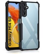 Shock Proof Clear Back Case Mobile Cover for Samsung Galaxy M14 5G (Hard | Hybrid PC + TPU | Full Armour Device & Camera Protection | Black)