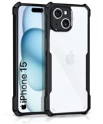 kelpuj Shock Proof Clear Mobile Back Cover Case for Apple iPhone 15 | AirEDGE Technology | Hard | Hybrid PC + TPU | Full Armour Device & Camera Protection - Black