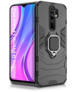 Shock Proof Back Case Mobile Cover for Xiaomi Redmi 9 Prime | Poco M2 (Armor | Hybrid PC + TPU | Full Protection with Ring Holder Kickstand | Carbon Black)