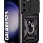 Tough Armor Bumper Mobile Back Case for Samsung Galaxy S23 5G | Sliding Camera Shield Cover | Shock Proof 360? Protection | Hybrid PC + TPU | Ring Holder with Kickstand ? Black