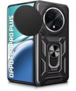 Tough Armor Bumper Mobile Back Case for Oppo F27 Pro Plus 5G | Sliding Camera Shield Cover | Shock Proof 360? Protection | Hybrid PC + TPU | Ring Holder with Kickstand ? Black
