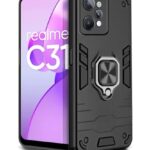Shock Proof Back Case Mobile Cover for Realme C31 (Armor | Hybrid PC + TPU | Full Protection with Ring Holder Kickstand | Carbon Black)