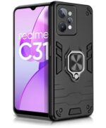 Shock Proof Back Case Mobile Cover for Realme C31 (Armor | Hybrid PC + TPU | Full Protection with Ring Holder Kickstand | Carbon Black)